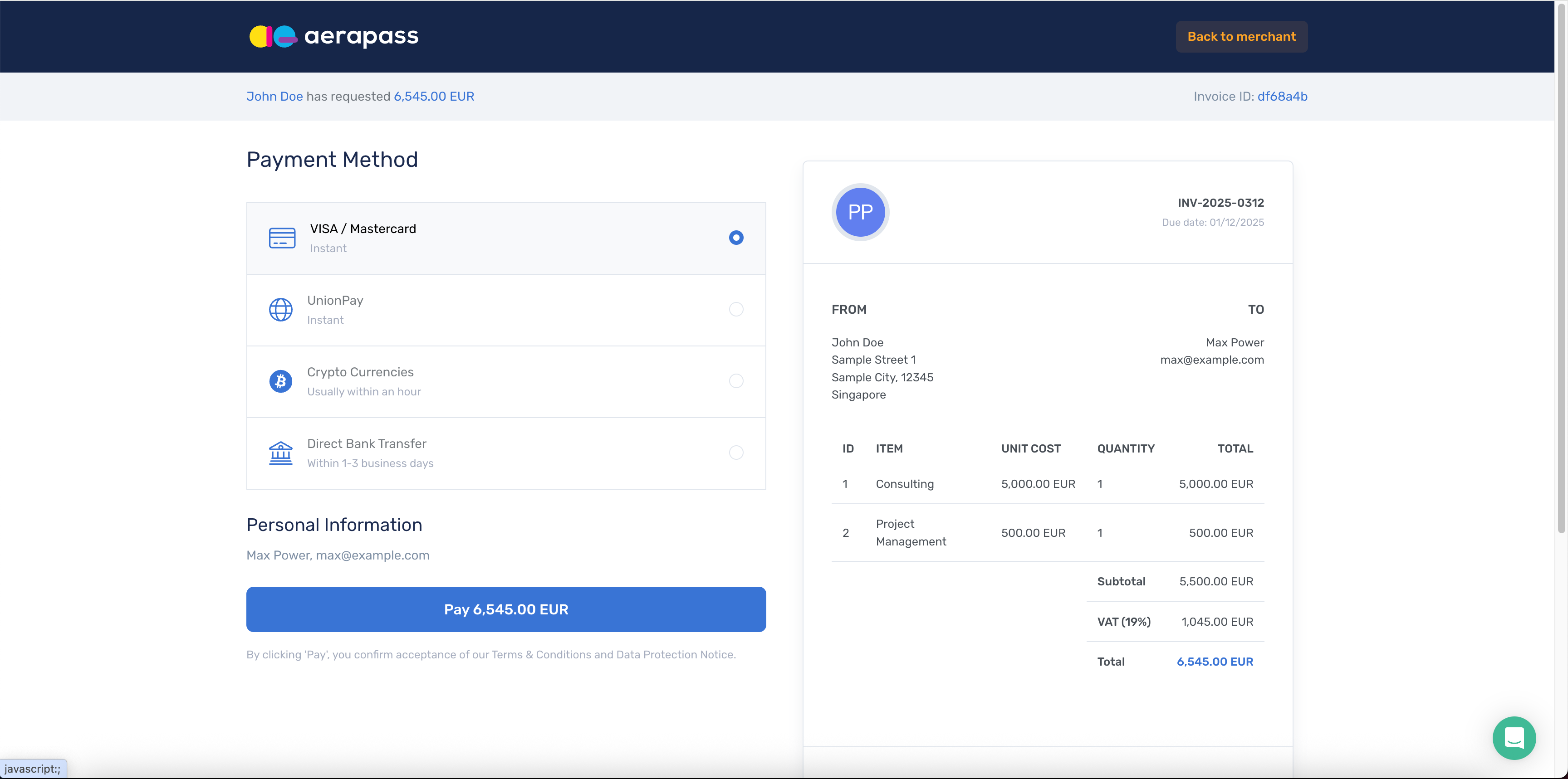 Aerapass hosted payment page solution illustration
